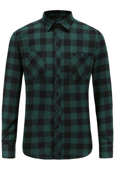 Vintage Mens Shirt Plaid Print Long Sleeve Turn-down Collar Regular Fit Button Shirt