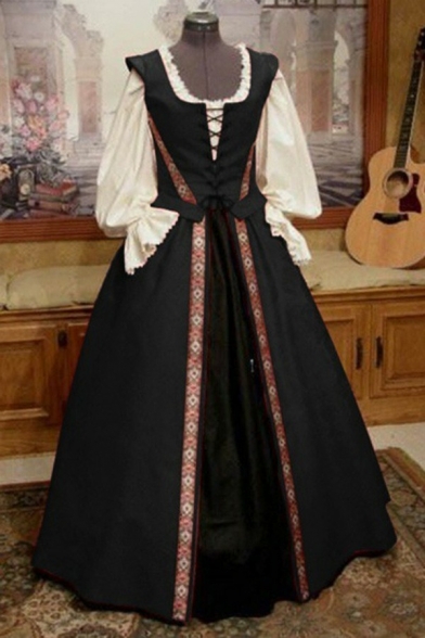 Womens Vintage Renaissance Flared Dress Square Neck Tie-Up Long Sleeve Two Piece Maxi Dress with Ruffles