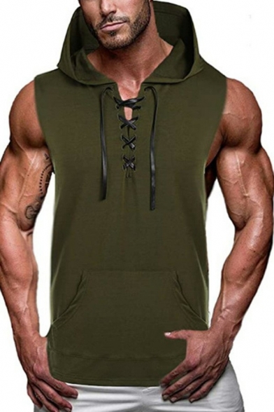 Chic Tank Top Whole Colored Hooded Lace-up Designed Sleeveless Slim Fitted Vest for Boys