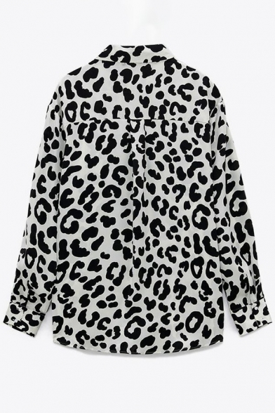 Classic Ladies Shirt Turn Down Collar Leopard Print Button Down Long Sleeve Loose Fit Shirt