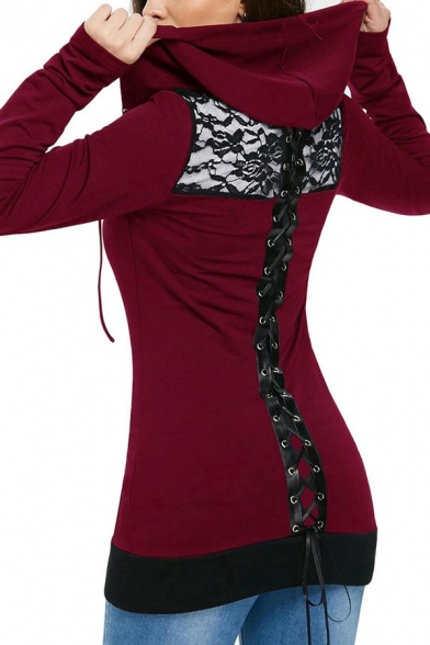 Creative Womens Hoodie Plain Drawstring Lace Detail Zipper Down Lace-Up Back Long Sleeve Slim Fit Hoodie