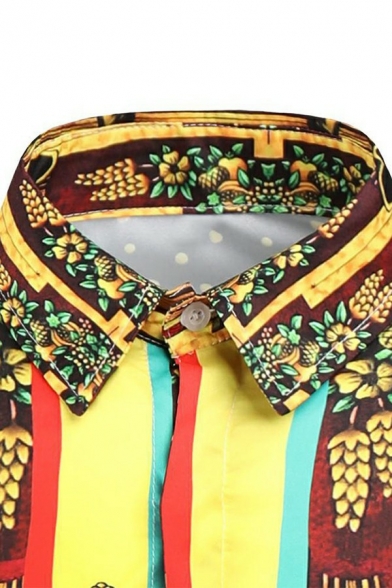 Dashing Shirt 3D Tribal Print Long Sleeve Turn-down Collar Fitted Button Fly Shirt for Men