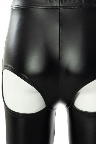 Designer Ladies PU Pants Solid Color Elastic Waist Hollow Out Split Cuffs Long Length Slim Fit Pants
