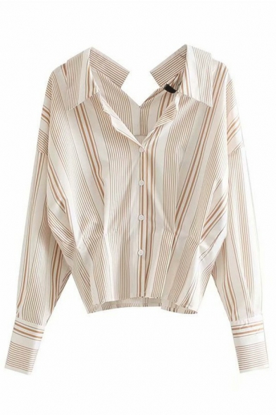Edgy Ladies Shirt Striped Pattern Spread Collar Long Sleeve Waist-Control Relaxed Shirt
