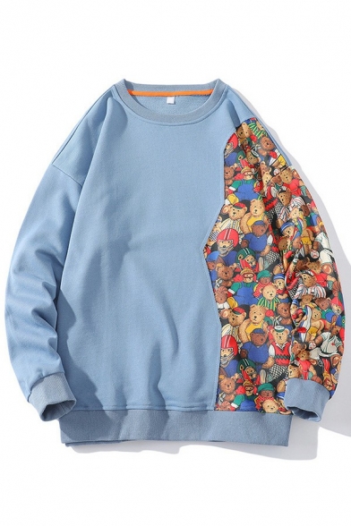 Edgy Men Sweatshirt Bear Print Long Sleeves Loose Rib Hem Crew Collar Pullover Sweatshirt
