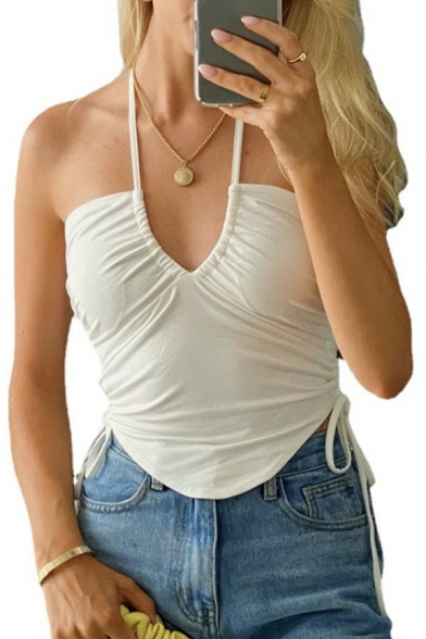 Hot Womens Crop Cami Solid Color Slim Fit Criss Cross Halter Cami Top with Ruched