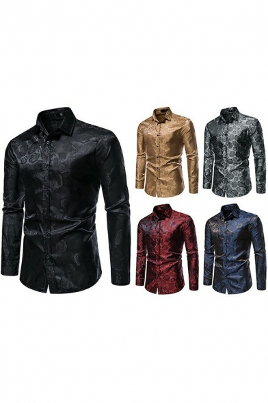 Men Urban Shirt Jacquard Print Turn-down Collar Slim Fitted Long Sleeve Button Up Shirt