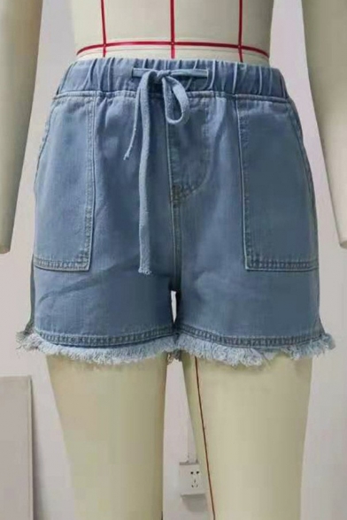 Street Look Ladies Shorts Drawstring Elastic Waist Faded Wash Fringe Hem High Rise Regular Fit Denim Shorts
