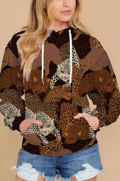Stylish Ladies Hoodie Drawstring 3D Leopard Print Long-Sleeved Regular Fit Hoodie in Brown