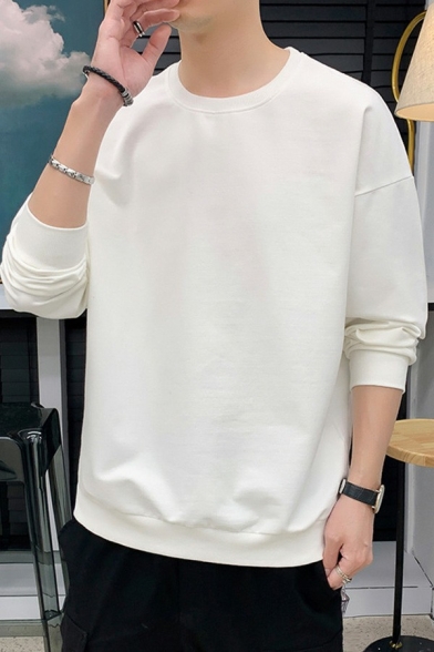 Stylish Mens Sweatshirt Solid Color Round Neck Long Sleeve Rib Cuffs Regular Fitted Sweatshirt