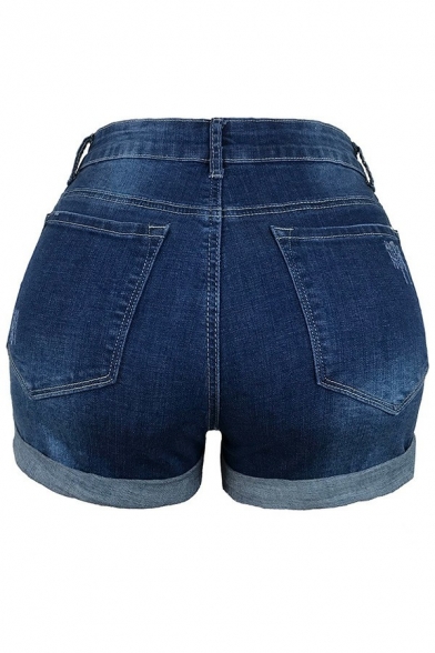 Vintage Womens Ripped Shorts Rolled Cuffs Zipper Fly Mid Rise Medium Wash Slim Fit Denim Shorts