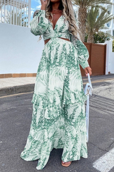 Casual Ladies Beach Dress Floral Print Deep V-Neck Hollow Out Long Sleeve Relaxed Maxi Dress with Ruffles