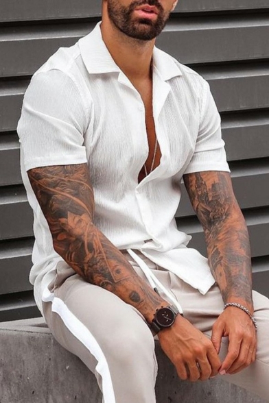 Casual Mens Shirt Plain Button Closure Lapel Collar Short Sleeve Regular Fitted Shirt in White