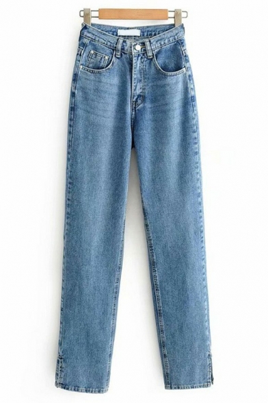 Classic Womens Jeans Zipper Up Split Hem High Waist Slim Fit Straight Jeans with Washing Effect