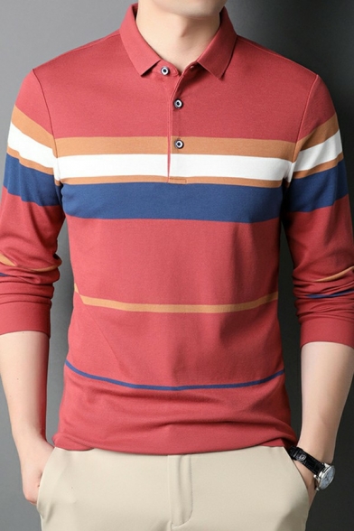 Fancy Guy's Shirt Stripe Pattern Turn-down Collar Long Sleeve Regular Button Fly Shirt