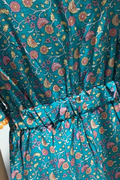 Fancy Womens Beach Dress Floral Pattern V-Neck Short Flare Sleeve Bow Elastic Waist Maxi Ruffle Dress