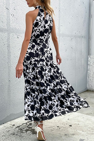 Leisure Womens A-Line Dress Halter Tie Waist Sleeveless Floral Print Split Side Midi Dress