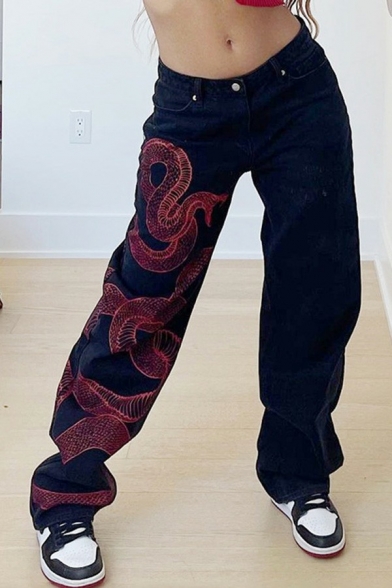 Retro Ladies Jeans Zipper Fly Snake Pattern High Waist Long Straight Oversized Jeans
