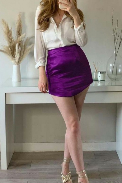 Sexy Womens Skirt Solid Satin Asymmetrical Hem Mini A-Line Skirt