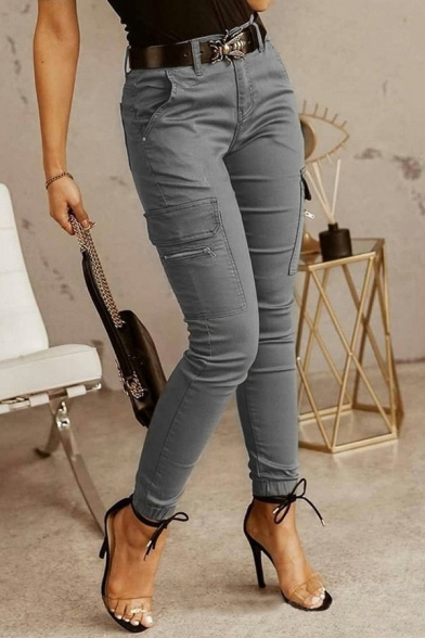 Street Look Womens Pants Solid Zip Fly Flap Pockets Elastic Cuffs Mid Rise Ankle Length Slim Cargo Pants