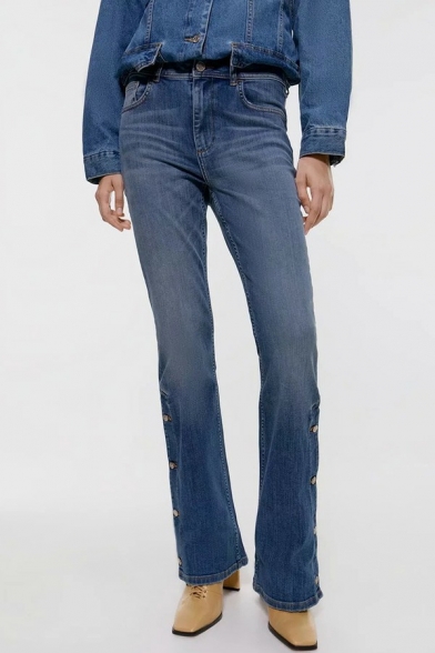Trendy Womens Jeans Zip Fly High Waist Darkwash Blue Button Hem Bootcut Denim Pants