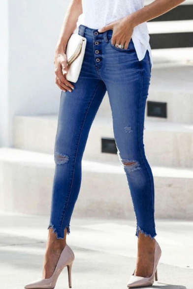 Urban Ladies Jeans Midwash Blue Button Fly High Waist Cut-Outs Asymmetrical Hem Skinny Pants