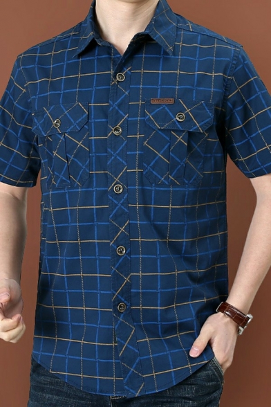 Casual Mens Shirt Plaid Print Short Sleeve Button Closure Turn-down Collar Regular Fit Shirt