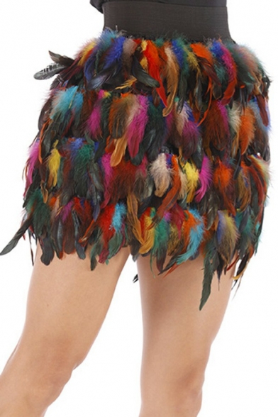 Chic Womens Skirt Contrast Color Feather Elastic Waist Mini Asymmetrical Skirt
