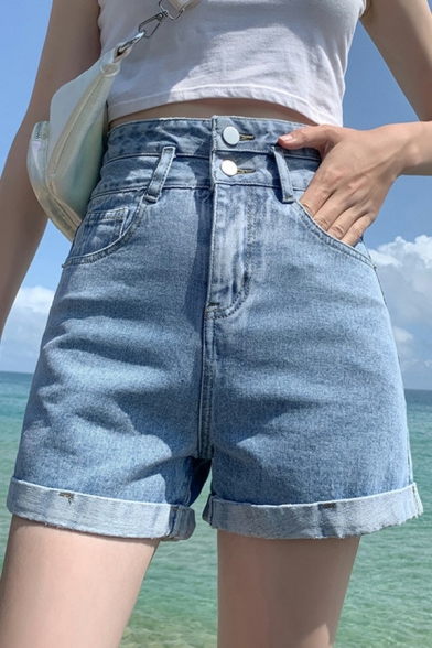 Classic Womens High Waist Shorts Solid Color Zip Fly Rolled Cuffs Slim Fitted Denim Shorts
