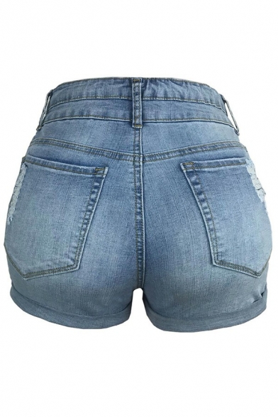 Classic Womens Shorts Distressed Zipper Up Mid Waist Rolled Cuffs Regular Fit Denim Shorts