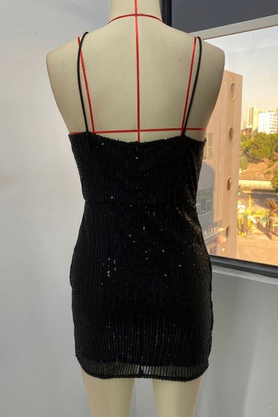 Elegant Womens Cami Dress Sequins Deep V-Neck Spaghetti Straps Draped Mini Dress