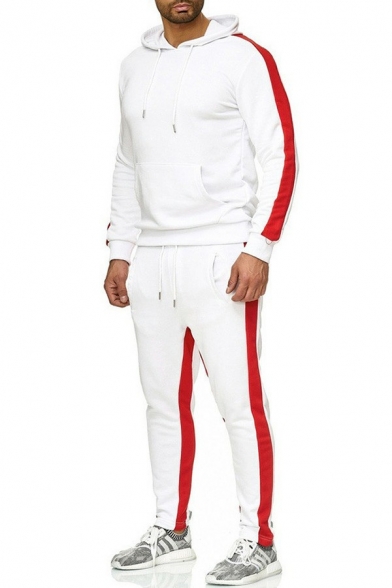 Hot Guy's Set Stripe Pattern Long Sleeves Zipper Hoodie with Pants Skinny Two Piece Set