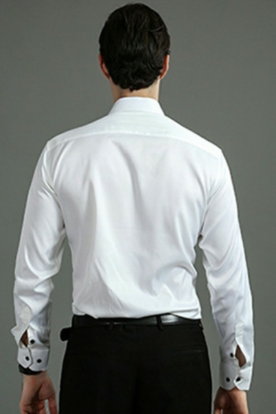 Hot Guys Shirt Pure Color Turn-down Collar Long-Sleeved Regular Fit Button Placket Shirt