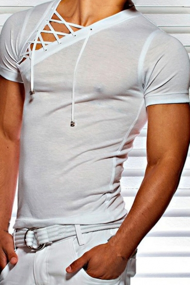 Men's Casual Lace T-Shirt Pure Color Short Sleeve V-Neck Regular Fit T-Shirt