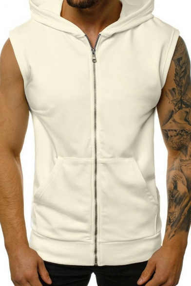 Modern Tank Top Solid Color Hooded Regular Fit Sleeveless Zip Placket Vest for Men