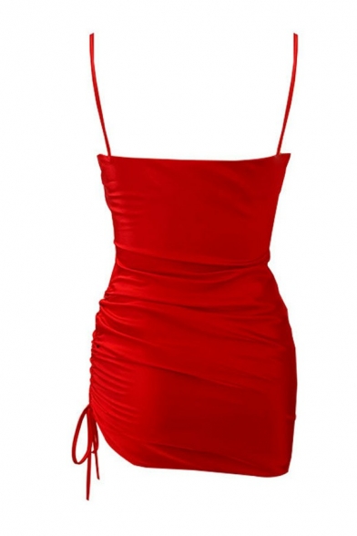 Sexy Ladies Dress Solid Spaghetti Straps Ruched Mini Cami Dress