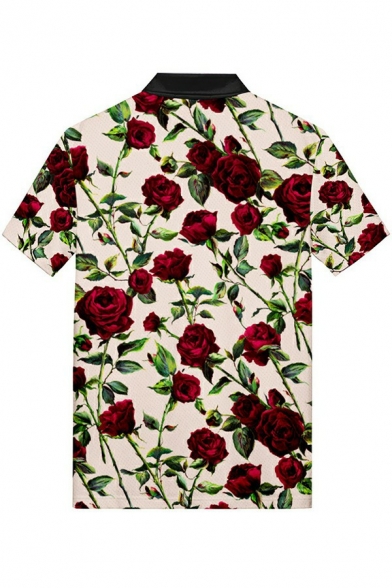 Trendy Mens Polo Shirt Floral Pattern Button Detail Turn-down Collar Regular Fit Polo Shirt