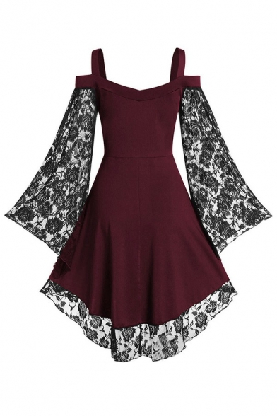 Vintage Womens Plus A-Line Dress Solid Color Lace Patchwork Cold Shoulder Flare Sleeve Mini Dress