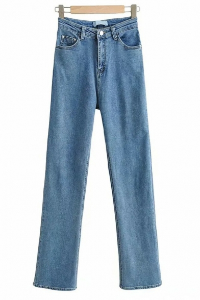 Basic Ladies Jeans Plain High Waist Zipper Up Full Length Slim Fit Bootcut Jeans