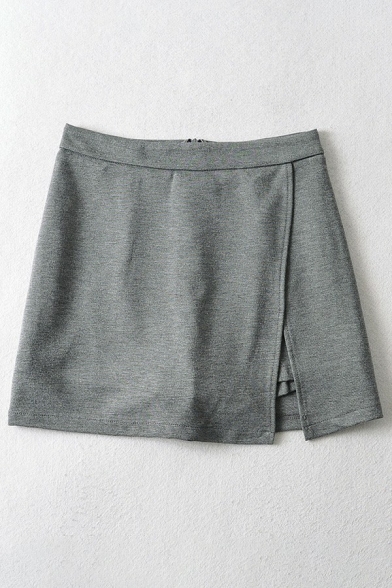 Casual Ladies A-Line Skirt Solid Color Split Detail Mini Skirt in Gray
