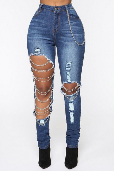 Chic Ladies Jeans Indigo Zip Fly High Waist Cut-Outs Chains Detail Skinny Pants