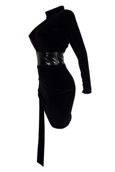Creative Ladies Mini Dress One Shoulder PU Contrast Tie Side Hollow Out Asymmetrical Bodycon Dress