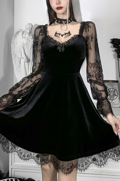 Edgy Girls Dress Solid Square Neck Long Sheer Sleeve Midi Lace A-Line Dress