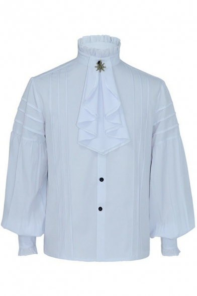 Edgy Shirt Whole Colored Stand Collar Fitted Long Sleeves Ruffle Frill Shirt for Men