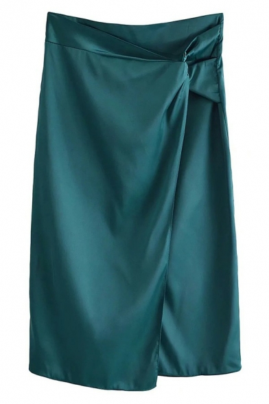 Elegant Womens Skirt Plain Ruched Midi Asymmetrical Skirt