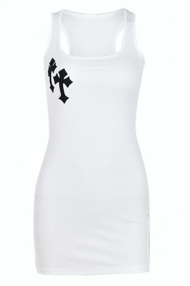 Leisure Womens Tank Dress Square Neck Cross Pattern Slim Fit Mini Dress