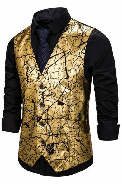Men Urban Suit Vest Bronzing Crack Print Sleeveless Regular V-Neck Button Fly Suit Vest
