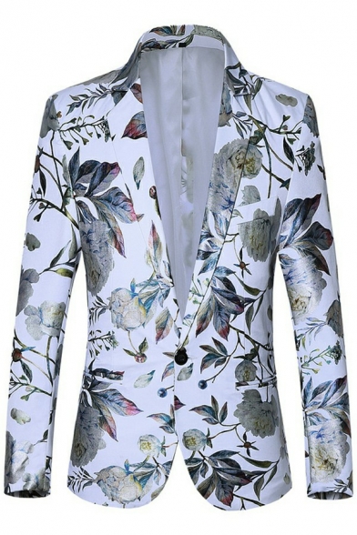 Mens Street Style Suit Floral Pattern Lapel Collar Long Sleeve Skinny Button Placket Suit