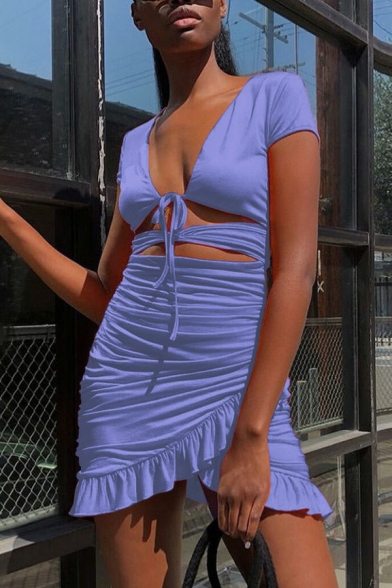 Sexy Womens Dress Solid V-Neck Bow Cap Sleeve Hollow Sashes Mini Ruffle Dress