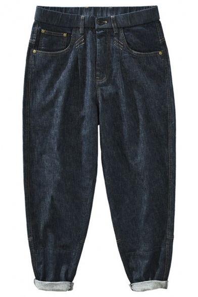 Unique Guy's Jeans Pure Color Pocket Long Length Loose Ankle Length Zip Placket Jeans
